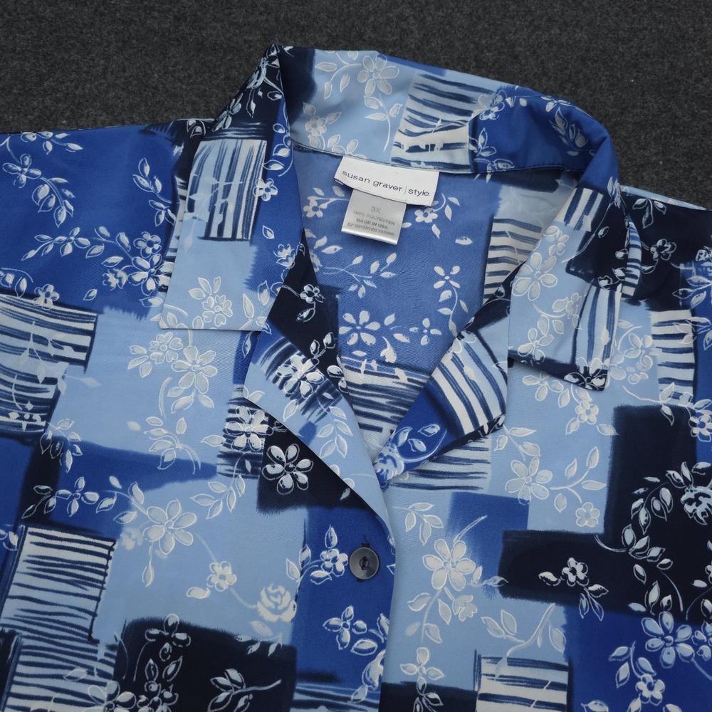 Susan‎ Graver Womens 3X Blue Floral Patchwork Button Up Shirt Relaxed
